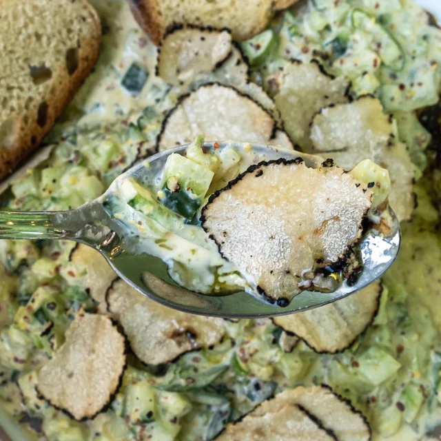 Concombre à la crème fraiche et truffe d'été, à déguster en terrasse !